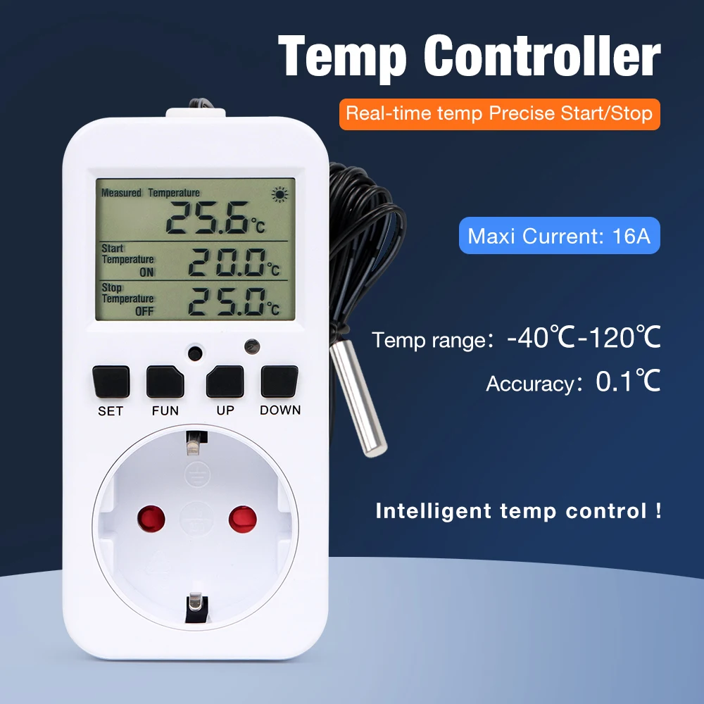 Digital Temperature Controller Socket 16A EU Plug Thermostat Timer Switch Sensing Probe Heating Cooling Switch Outlet Temp Alarm