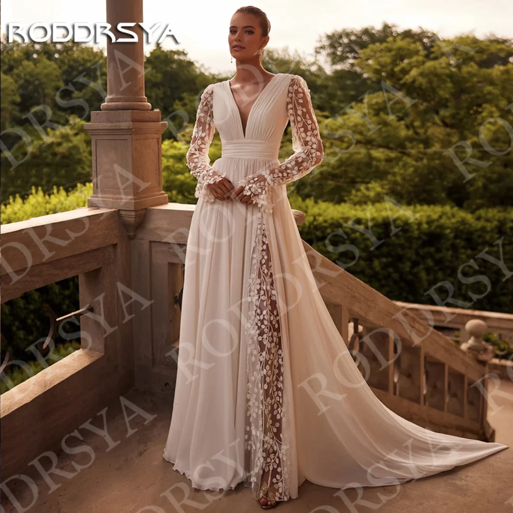 RODDRSYA Simple V Neck Long Sleeves Wedding Dresses Suknia Ślubna Floral Lace Applique Side Slit Civil Bridal Gown Customized