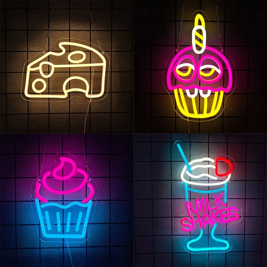 Bar Neon Wall Hanging Signs of Dessert Series Decor Cheese and Cake Food Lamps Icons Shops Restaurants. Art Barber Accessories
